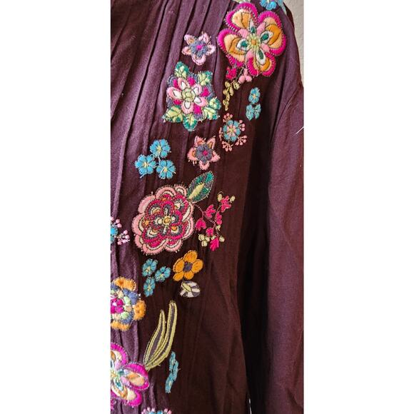 Ulla Popken Relaxed Fit Embroidered Floral V-Neck Boho Tunic Top XL 12 14 Purple - Picture 3 of 5